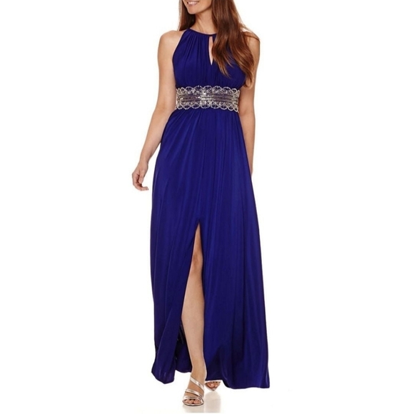 R&M Richards Dresses & Skirts - R&M Richards Women's Embellished Front Slit Gathered Halter Dress size 14